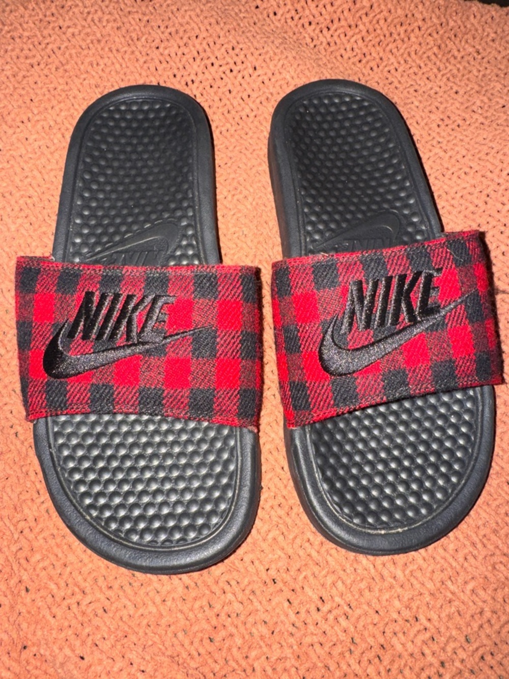 Nike Red and Black Buffalo Plaid Slide Sandals